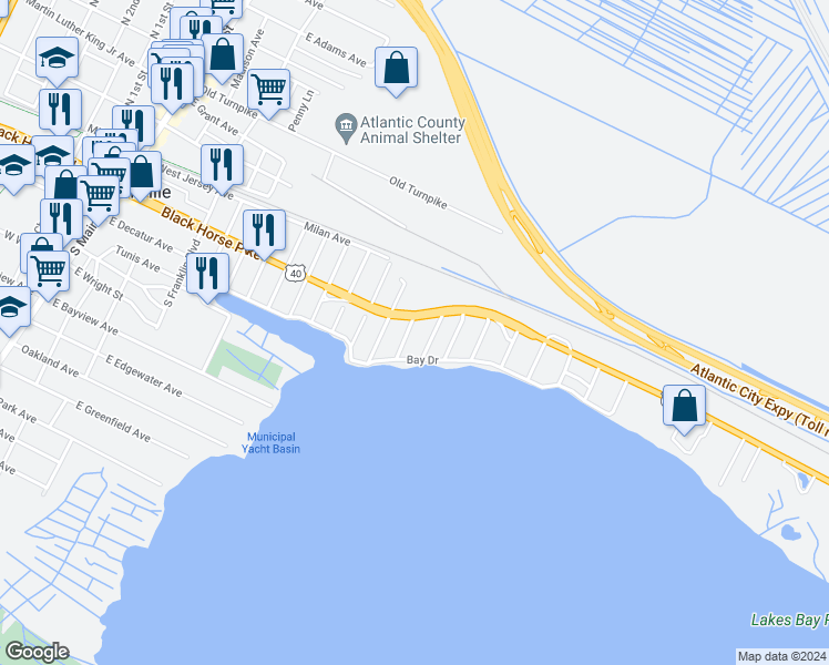 map of restaurants, bars, coffee shops, grocery stores, and more near 202 Toledo Avenue in Pleasantville