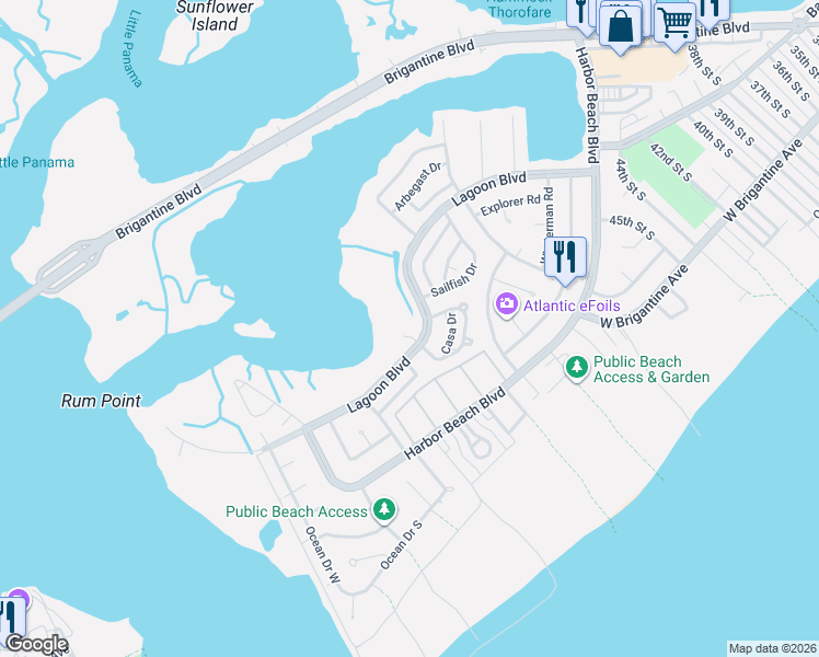map of restaurants, bars, coffee shops, grocery stores, and more near 1 Delmar Lane in Brigantine
