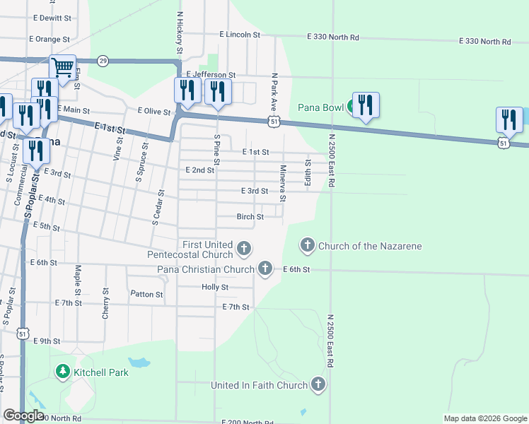 map of restaurants, bars, coffee shops, grocery stores, and more near 1008 Birch Street in Pana