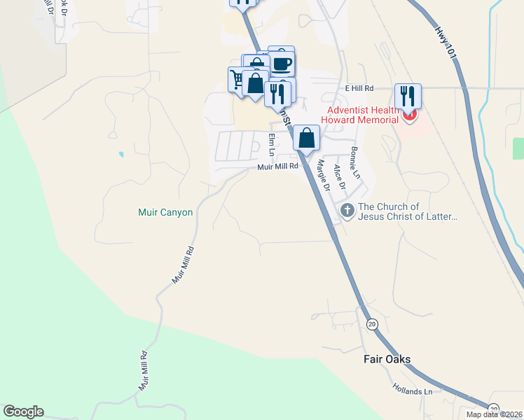 map of restaurants, bars, coffee shops, grocery stores, and more near 221 Muir Mill Road in Willits