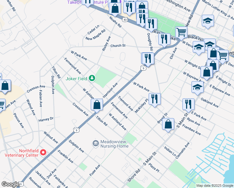 map of restaurants, bars, coffee shops, grocery stores, and more near 1160 South New Road in Pleasantville