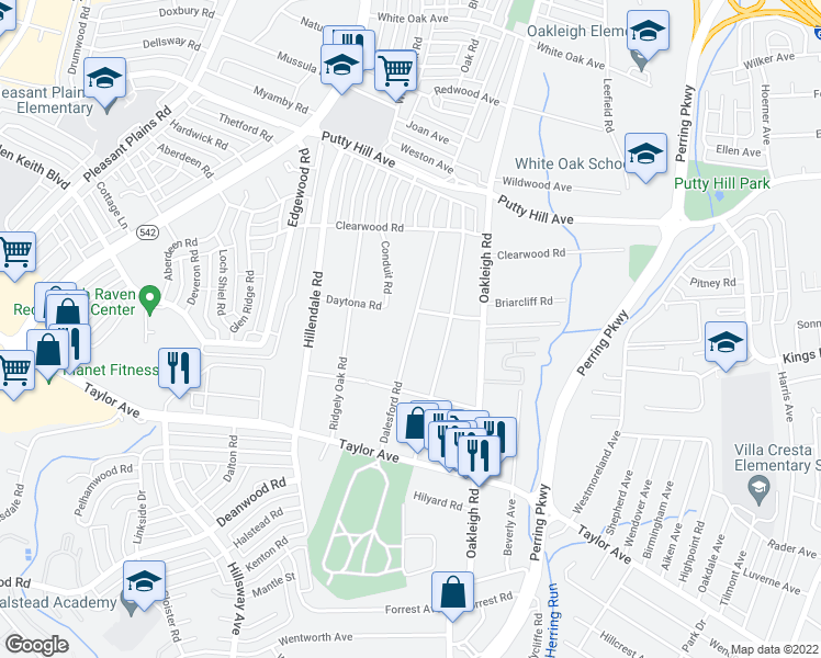 map of restaurants, bars, coffee shops, grocery stores, and more near 8024 Dalesford Road in Parkville