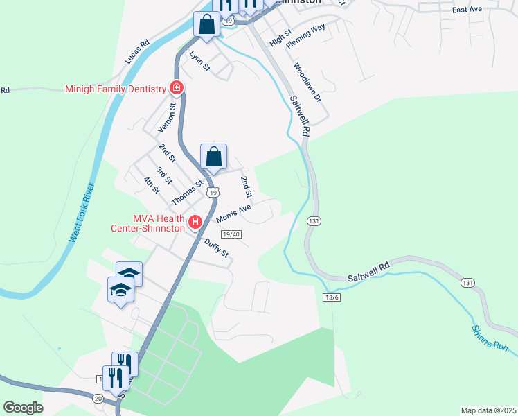 map of restaurants, bars, coffee shops, grocery stores, and more near 405 Morris Ave in Shinnston