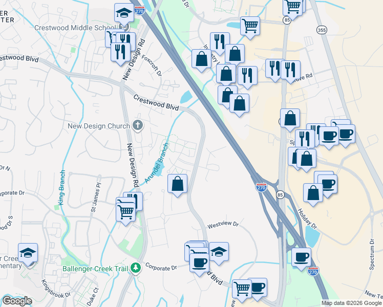 map of restaurants, bars, coffee shops, grocery stores, and more near 7114 Collinsworth Place in Frederick