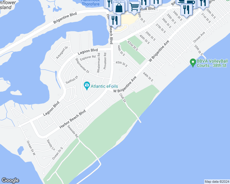 map of restaurants, bars, coffee shops, grocery stores, and more near 4600 West Brigantine Avenue in Brigantine