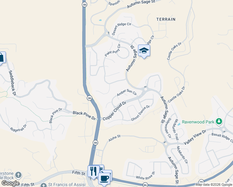map of restaurants, bars, coffee shops, grocery stores, and more near 3603 Amber Sun Circle in Castle Rock