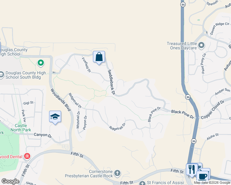 map of restaurants, bars, coffee shops, grocery stores, and more near 2205 Saddleback Drive in Castle Rock