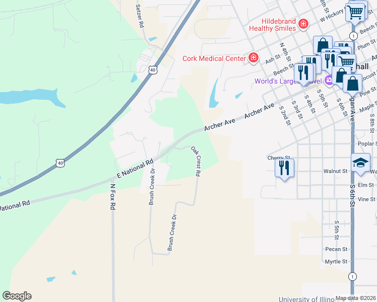 map of restaurants, bars, coffee shops, grocery stores, and more near Oak Crest Road in Marshall