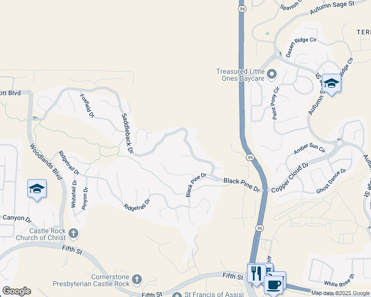 map of restaurants, bars, coffee shops, grocery stores, and more near 2605 Saddleback Court in Castle Rock