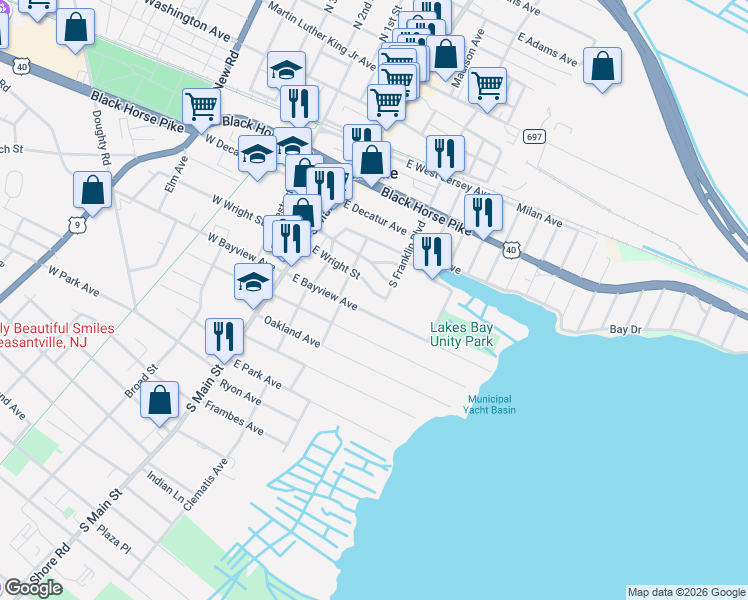map of restaurants, bars, coffee shops, grocery stores, and more near 136 East Bayview Avenue in Pleasantville