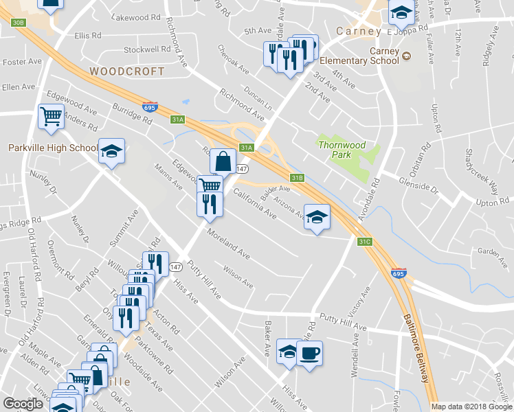 map of restaurants, bars, coffee shops, grocery stores, and more near 3051 California Avenue in Parkville