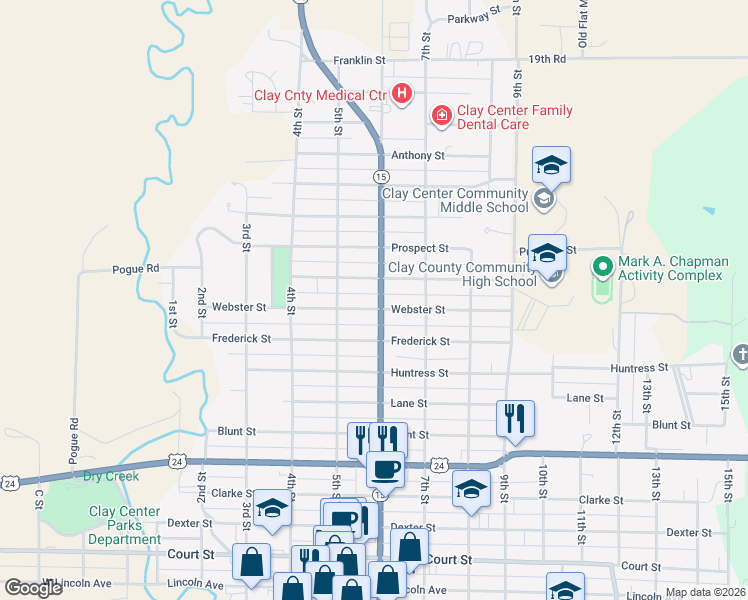 map of restaurants, bars, coffee shops, grocery stores, and more near 500-598 Webster Street in Clay Center