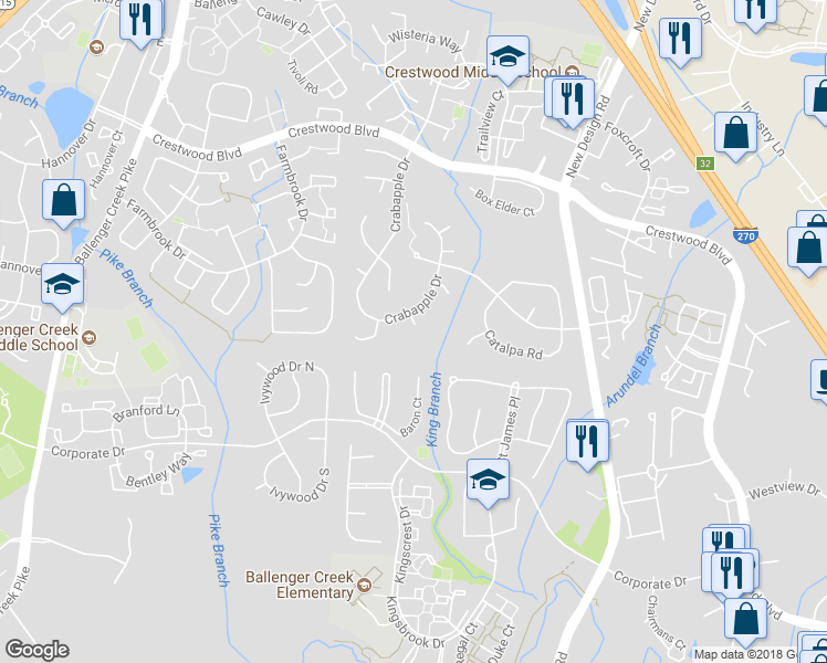 map of restaurants, bars, coffee shops, grocery stores, and more near 6907 Yew Ct in Frederick