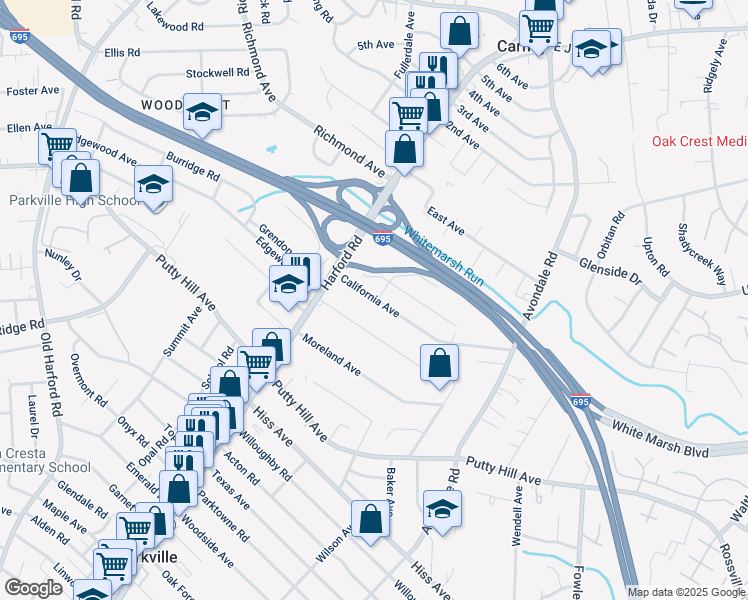 map of restaurants, bars, coffee shops, grocery stores, and more near 3049 California Avenue in Parkville