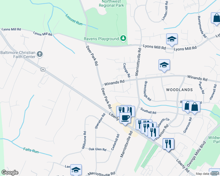 map of restaurants, bars, coffee shops, grocery stores, and more near 9994 Tuscarora Road in Randallstown