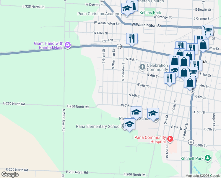 map of restaurants, bars, coffee shops, grocery stores, and more near 604 W 6th St in Pana