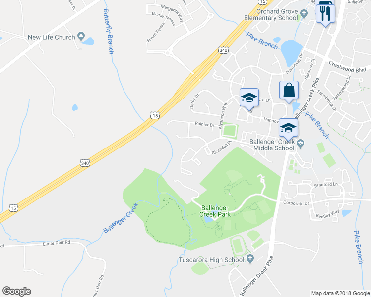 map of restaurants, bars, coffee shops, grocery stores, and more near 5536 Fox Hall Court in Frederick