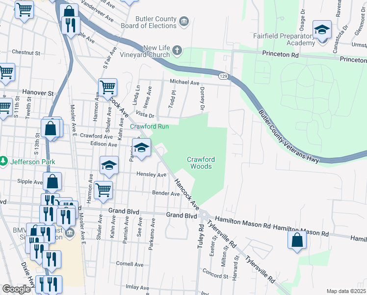 map of restaurants, bars, coffee shops, grocery stores, and more near 2200 Hancock Avenue in Hamilton