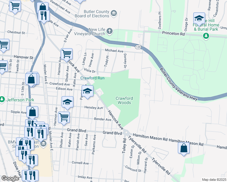 map of restaurants, bars, coffee shops, grocery stores, and more near 2200 Hancock Avenue in Hamilton