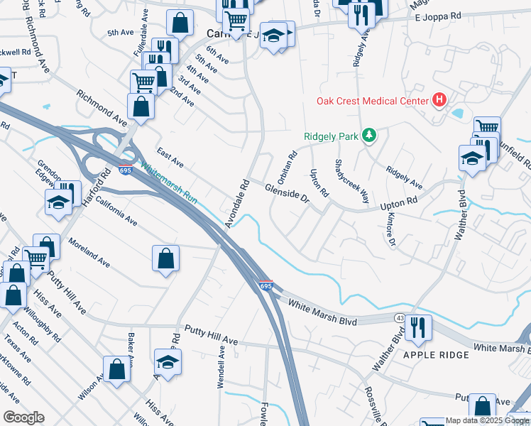 map of restaurants, bars, coffee shops, grocery stores, and more near 9116 Orbitan Road in Parkville