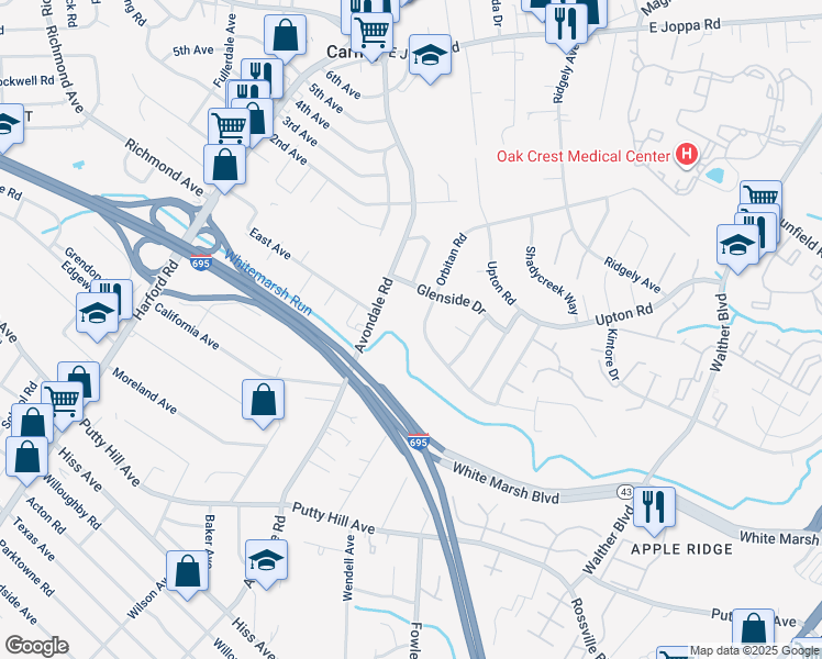 map of restaurants, bars, coffee shops, grocery stores, and more near 9116 Orbitan Road in Parkville