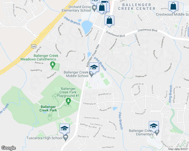 map of restaurants, bars, coffee shops, grocery stores, and more near 5525 Ballenger Creek Pike in Frederick