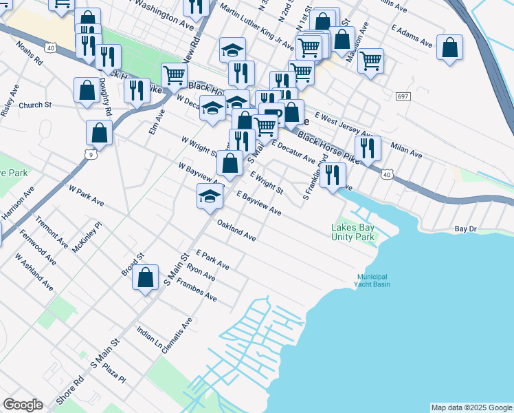 map of restaurants, bars, coffee shops, grocery stores, and more near 23 East Bayview Avenue in Pleasantville