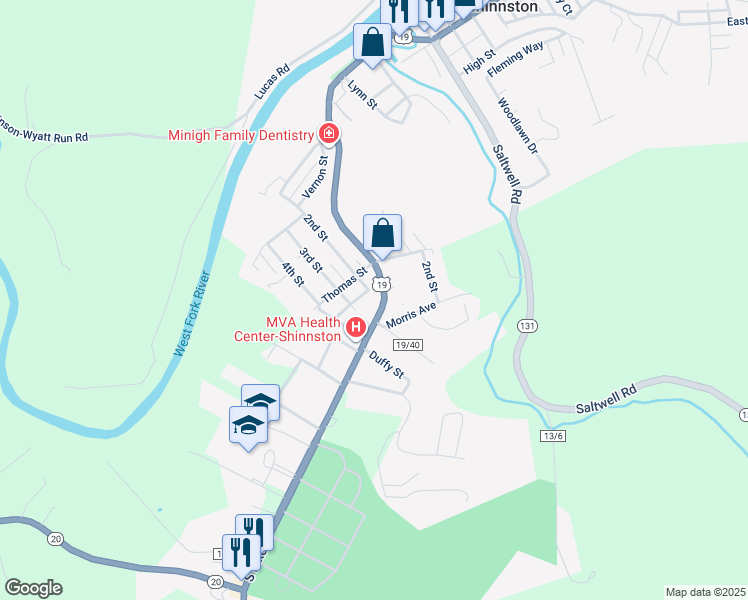 map of restaurants, bars, coffee shops, grocery stores, and more near 697 South Pike Street in Shinnston