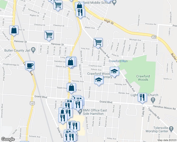 map of restaurants, bars, coffee shops, grocery stores, and more near 1676 Singer Avenue in Hamilton