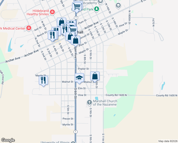 map of restaurants, bars, coffee shops, grocery stores, and more near 800-898 Cherry Street in Marshall