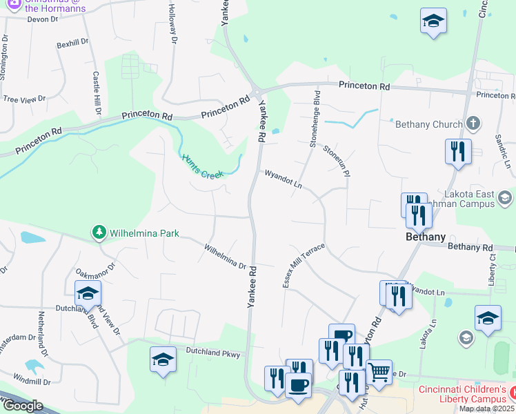 map of restaurants, bars, coffee shops, grocery stores, and more near 6576 Yankee Road in Butler County