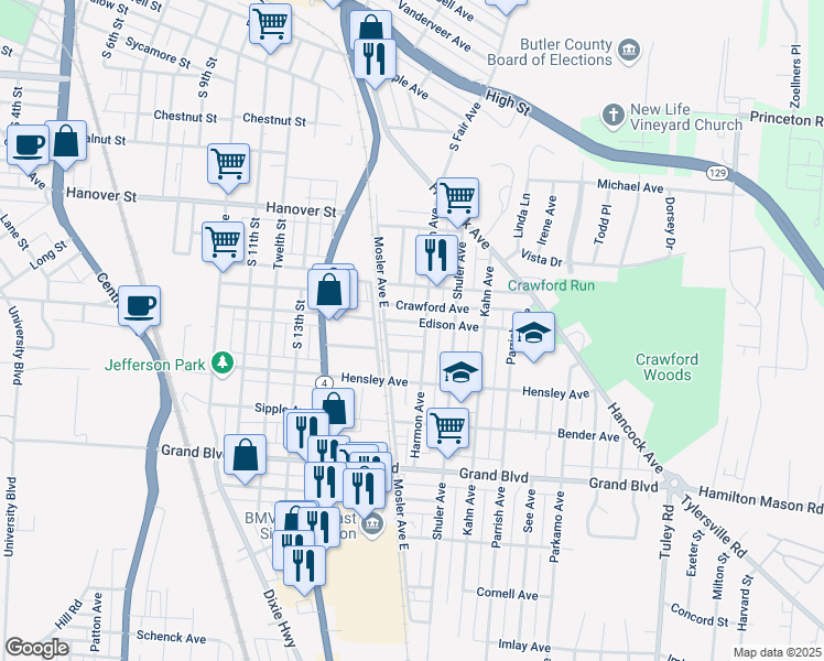 map of restaurants, bars, coffee shops, grocery stores, and more near 1676 Singer Avenue in Hamilton
