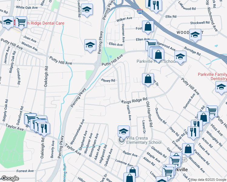 map of restaurants, bars, coffee shops, grocery stores, and more near 8418 Kings Ridge Road in Parkville