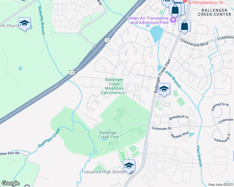 map of restaurants, bars, coffee shops, grocery stores, and more near 5603 Rivendell Place in Frederick