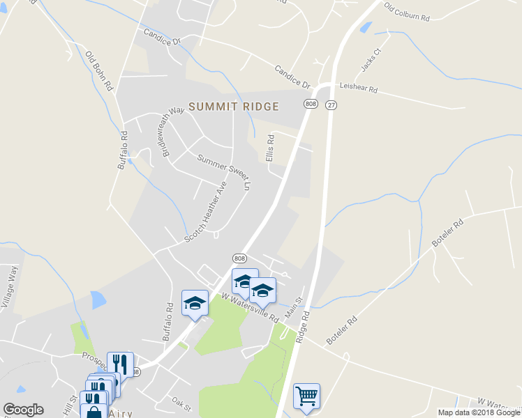 map of restaurants, bars, coffee shops, grocery stores, and more near 1008 North Main Street in Mount Airy