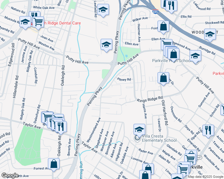 map of restaurants, bars, coffee shops, grocery stores, and more near 8309 Arbor Station Way in Parkville