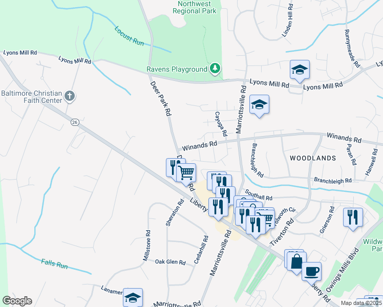 map of restaurants, bars, coffee shops, grocery stores, and more near 9998 Tuscarora Road in Randallstown