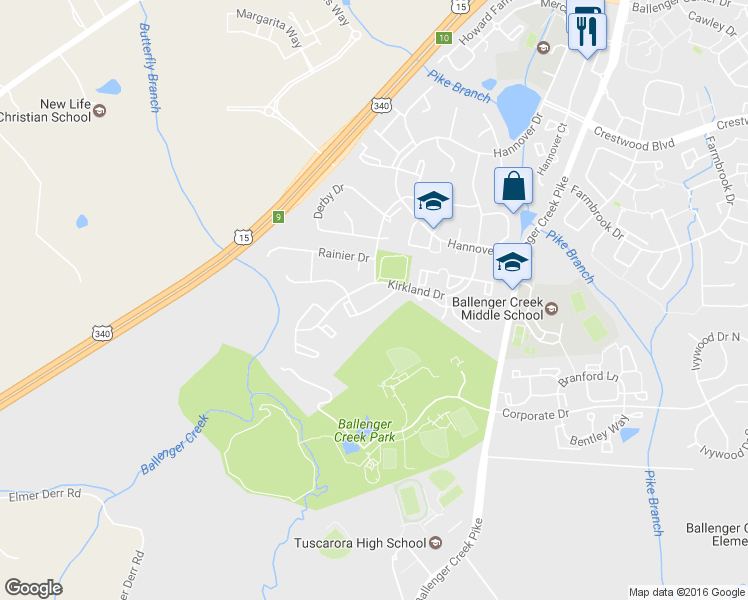 map of restaurants, bars, coffee shops, grocery stores, and more near 5590 Rivendell Place in Frederick