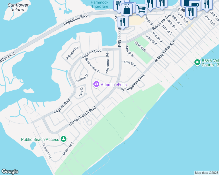 map of restaurants, bars, coffee shops, grocery stores, and more near 4612 Harbor Beach Boulevard in Brigantine