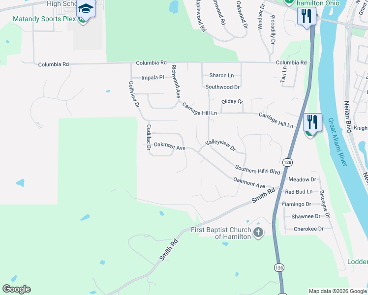 map of restaurants, bars, coffee shops, grocery stores, and more near 1199 Briarwood Drive in Hamilton