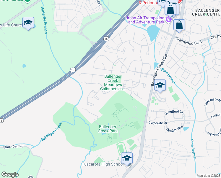 map of restaurants, bars, coffee shops, grocery stores, and more near 5590 Rivendell Place in Frederick