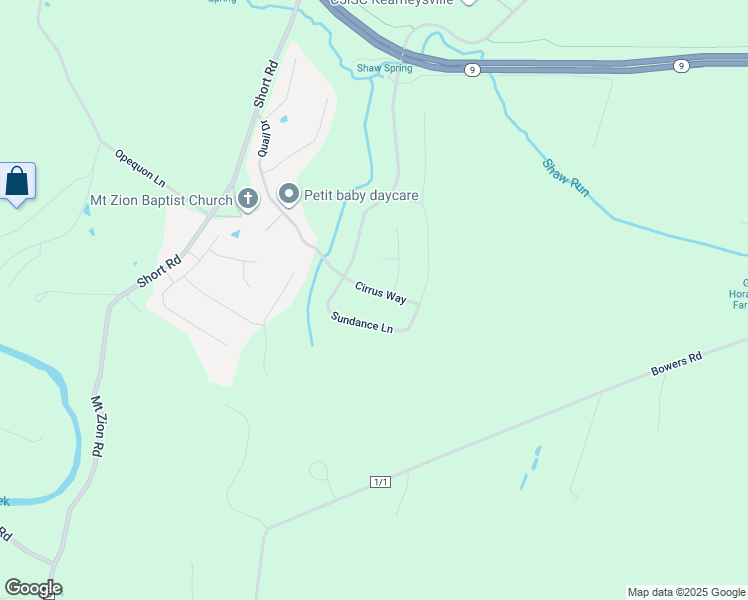 map of restaurants, bars, coffee shops, grocery stores, and more near 288 Cirrus Way in Kearneysville
