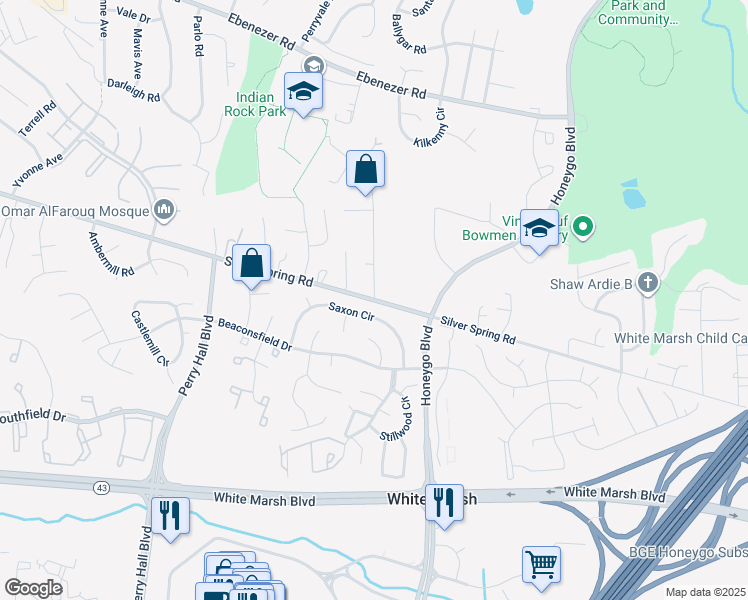 map of restaurants, bars, coffee shops, grocery stores, and more near Silver Spring Road in Perry Hall