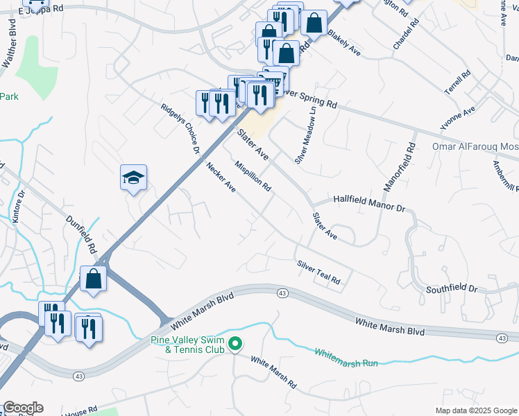 map of restaurants, bars, coffee shops, grocery stores, and more near 4234 Necker Avenue in Perry Hall