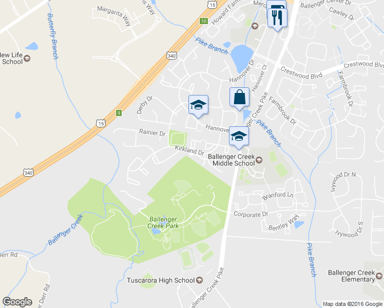 map of restaurants, bars, coffee shops, grocery stores, and more near 6391 Rutherford Court in Frederick