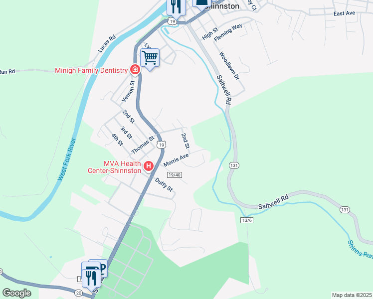 map of restaurants, bars, coffee shops, grocery stores, and more near 405 Morris Avenue in Shinnston