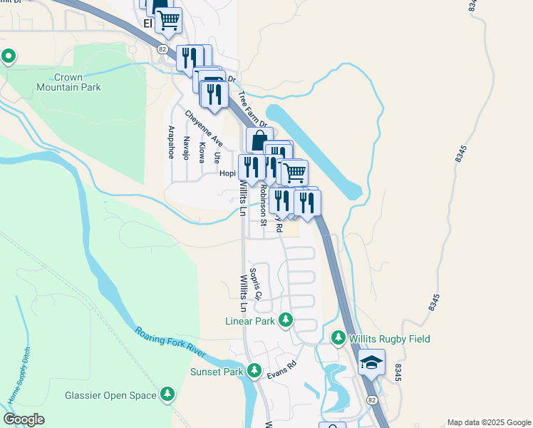 map of restaurants, bars, coffee shops, grocery stores, and more near 941 East Valley Road in Basalt