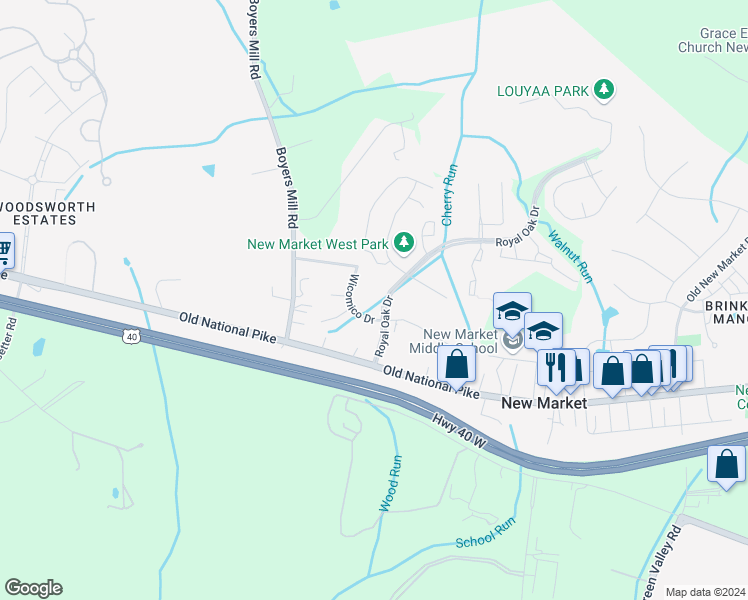map of restaurants, bars, coffee shops, grocery stores, and more near 110 Royal Oak Drive in New Market