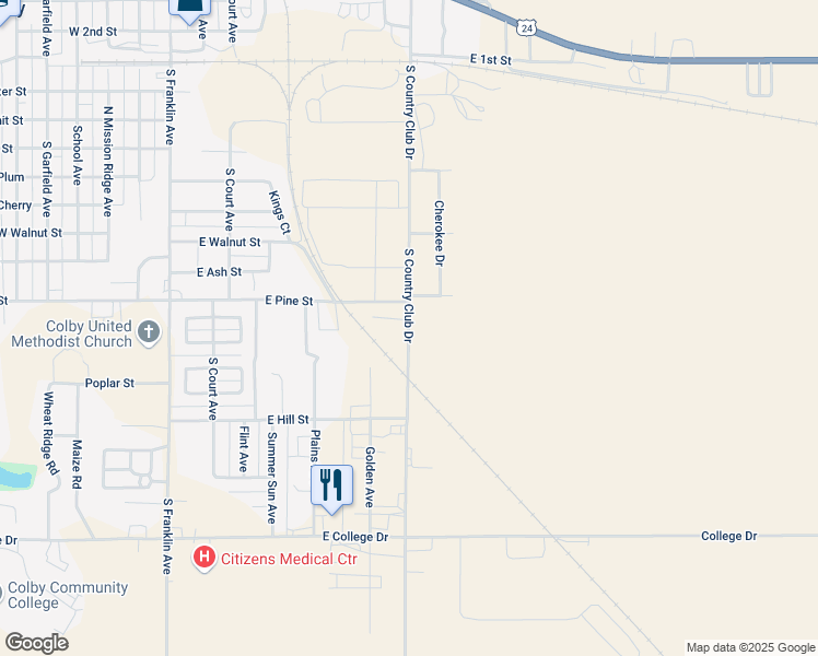 map of restaurants, bars, coffee shops, grocery stores, and more near 940 South Country Club Drive in Colby
