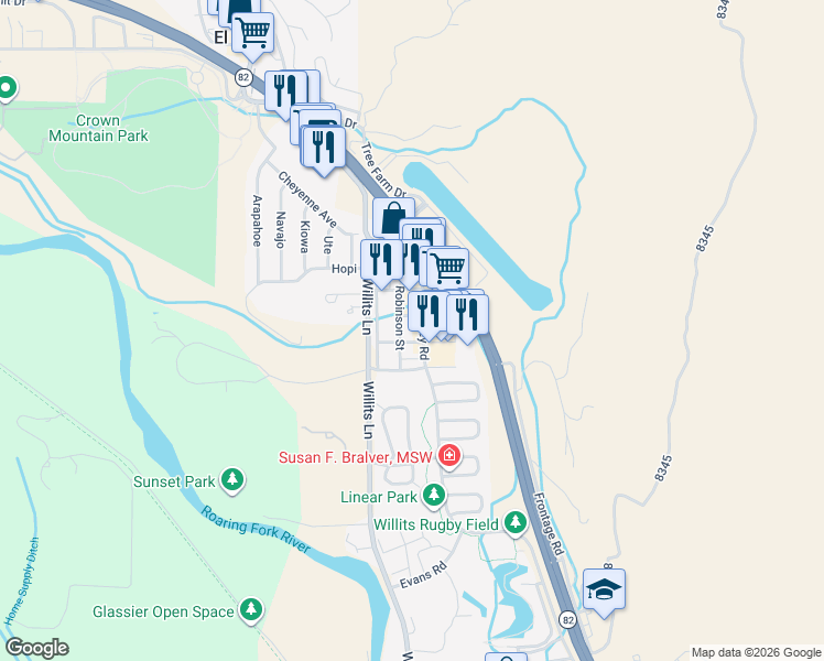 map of restaurants, bars, coffee shops, grocery stores, and more near 941 East Valley Road in Basalt